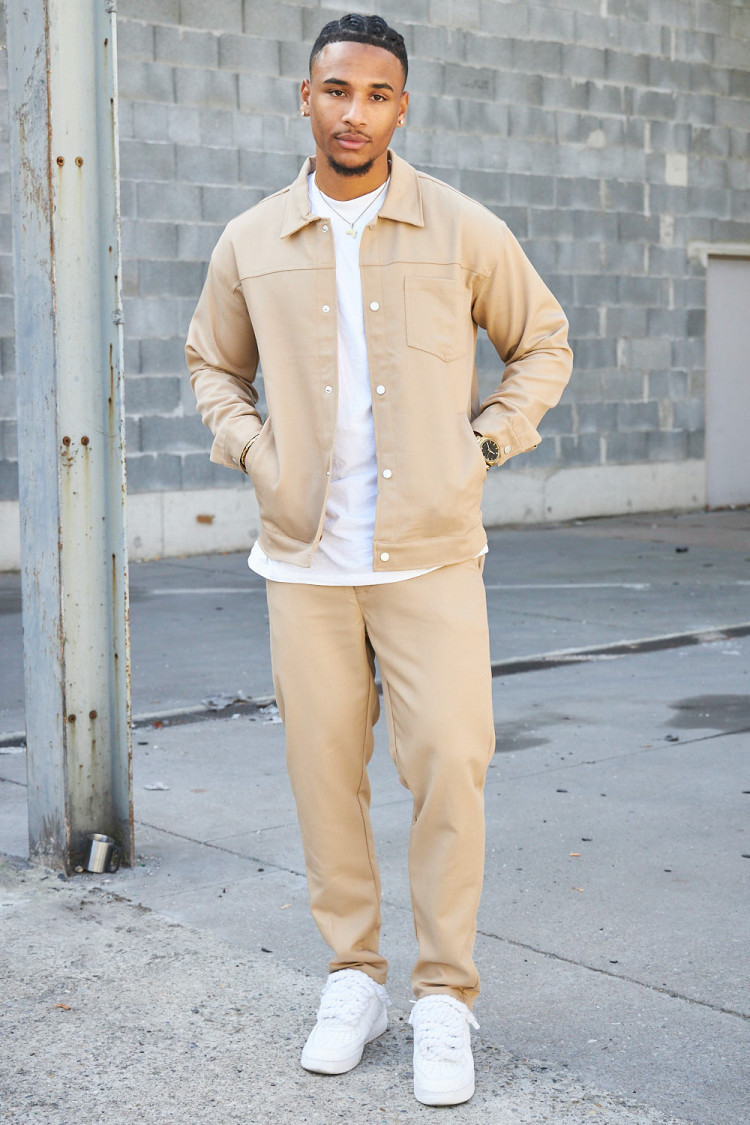 Ensemble 2 pièces veste + pantalon beige foncé à rayures