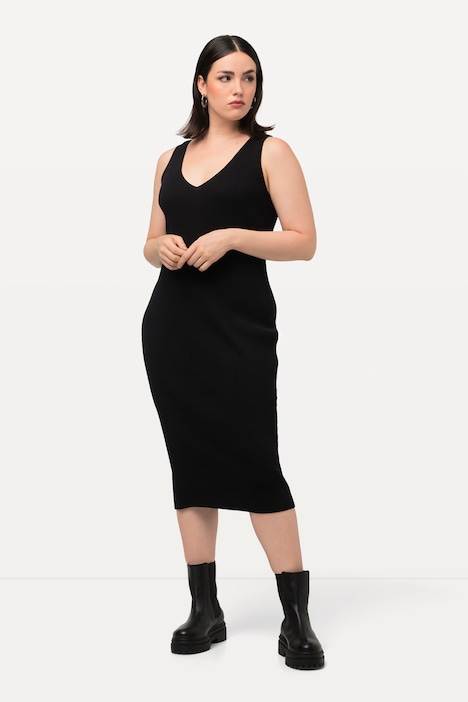Strickkleid, Rippstrick, Slim, Midilänge, V-Ausschnitt, ärmellos