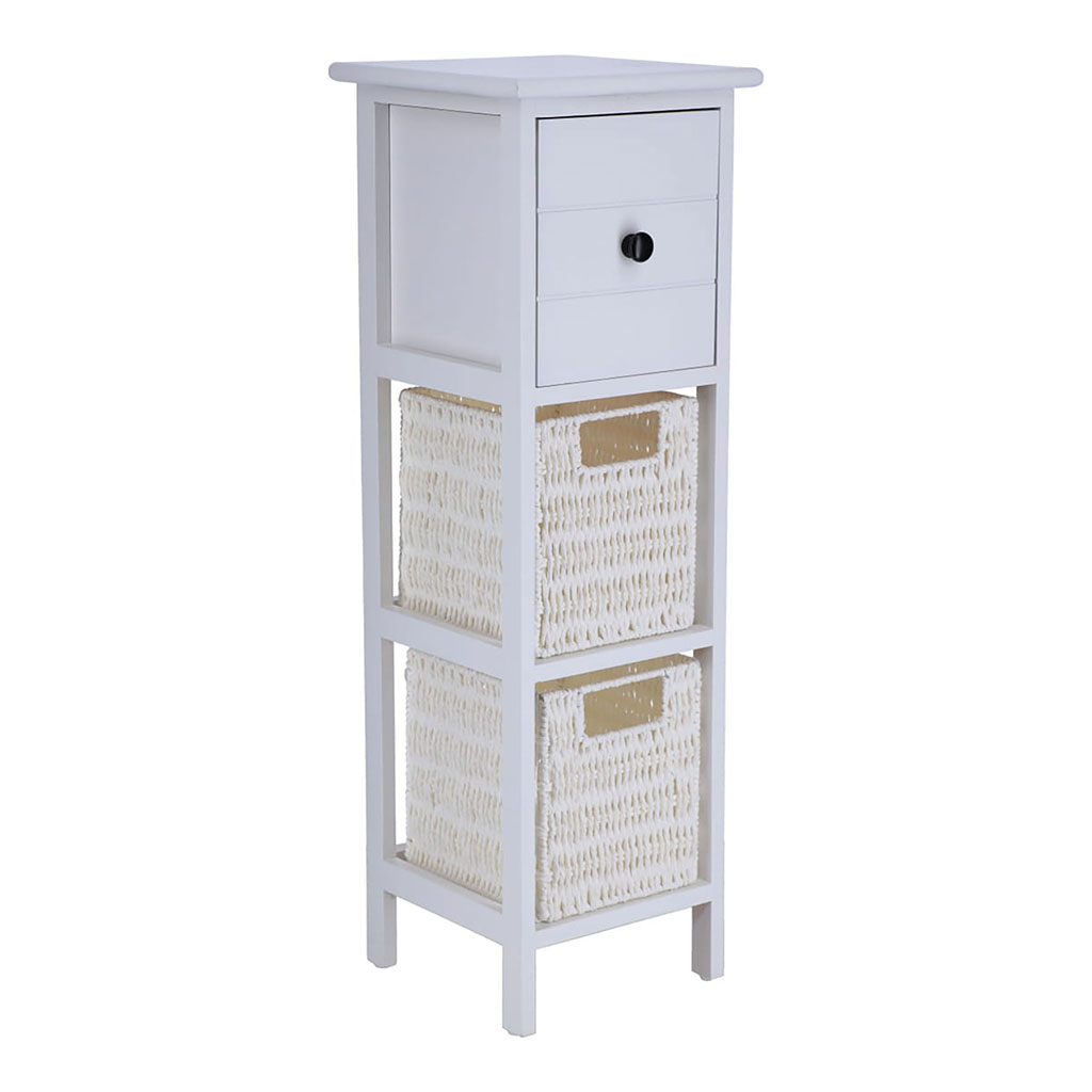 Meuble de rangement paulownia 2 paniers 1 tiroir blanc 25x77x25cm