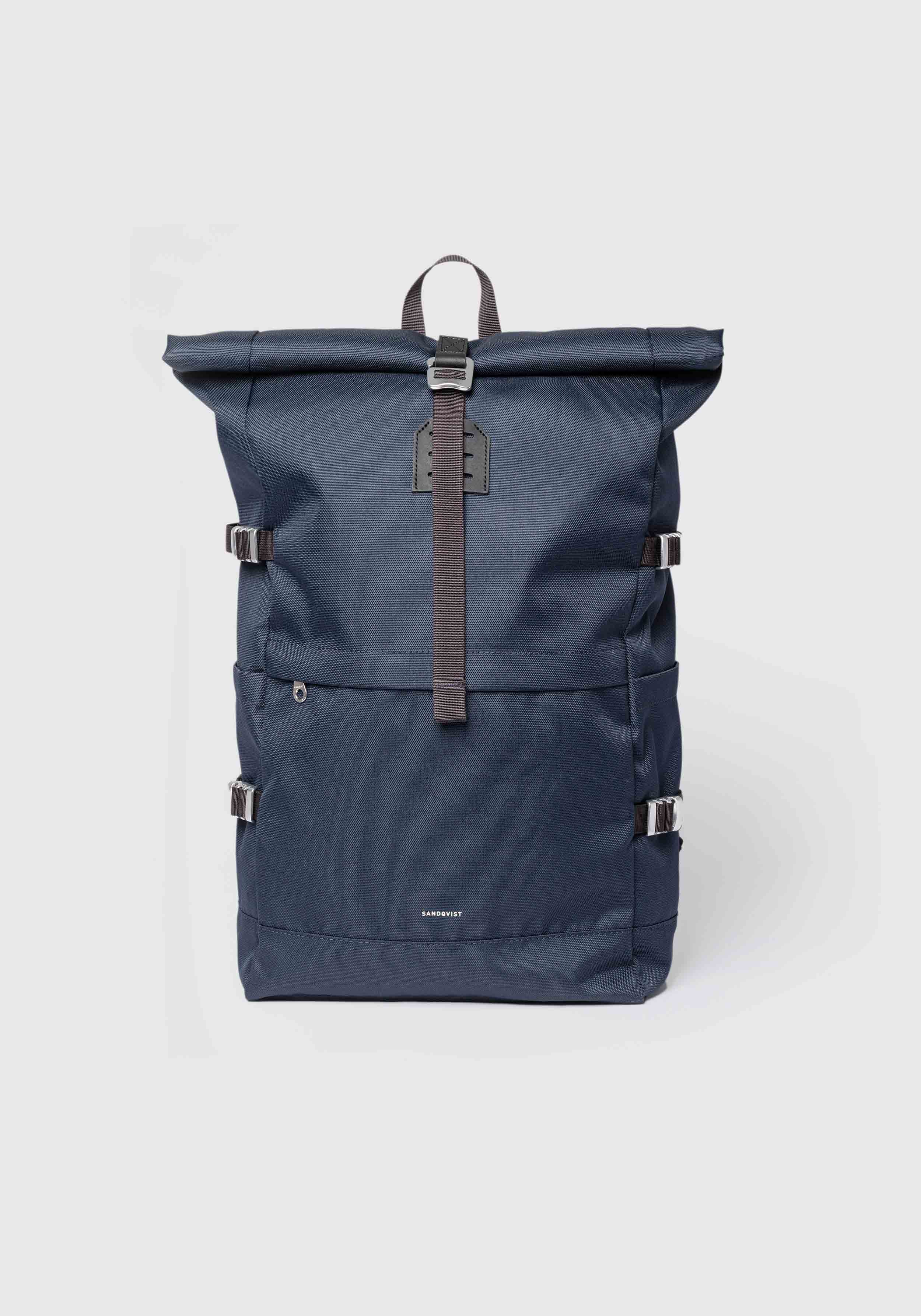 Sandqvist Rucksack Icon Rolltop Backpack L Navy With Black Leather