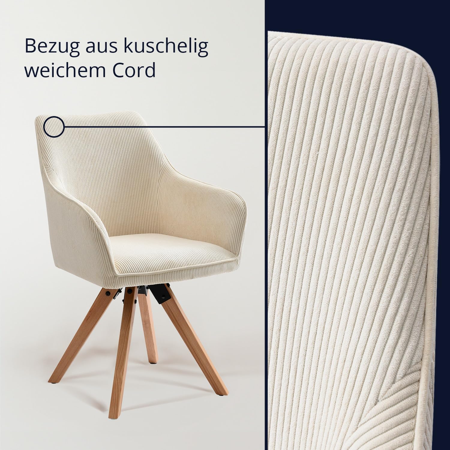 KHG Esszimmerstuhl drehbar, Drehstuhl mit Armlehnen Cord Beige, Stuhlbeine Holz Esche, Küchenstuhl, Polsterstuhl, Essstuhl, Armlehnstuhl, für Esszimmer Küche Büro