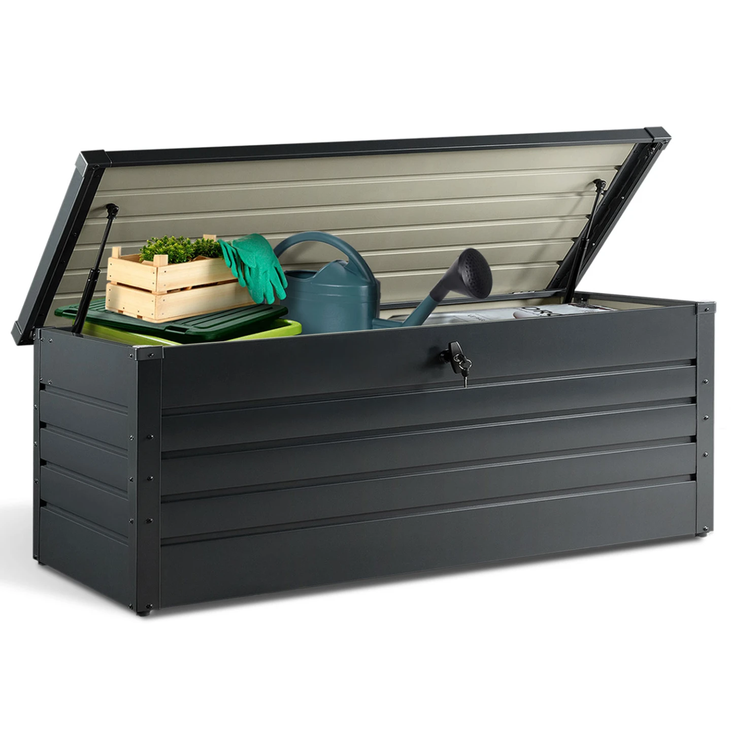 Coffre de rangement métal verrouillable gris anthracite pour jardin 600L 165x70x63 cm