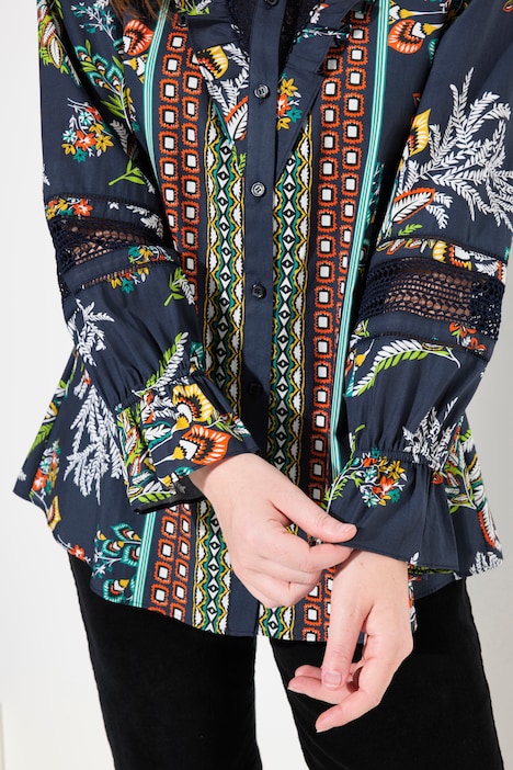 Bluse, Spitze, Rüschen, V-Ausschnitt, Langarm