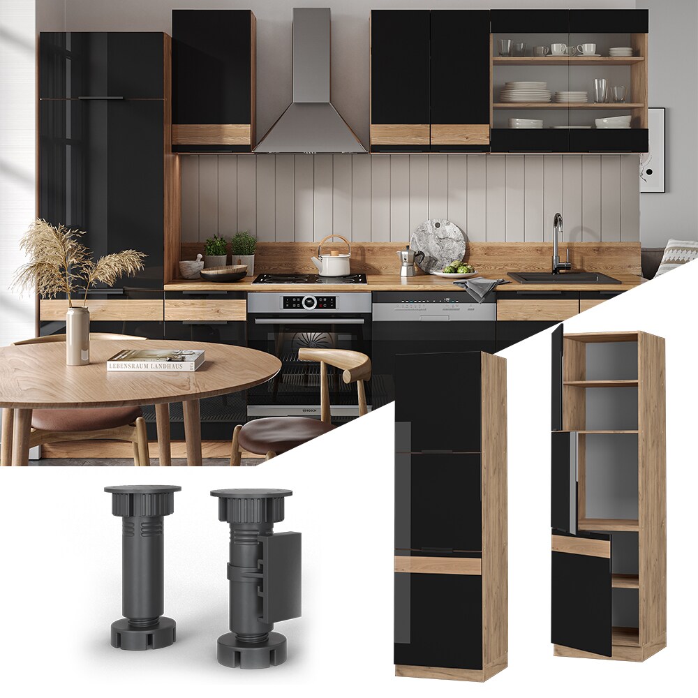Vicco Herdhochschrank Küchenschrank Küchenmöbel Fame-Line Eiche Schwarz 60 cm modern Hochglanz