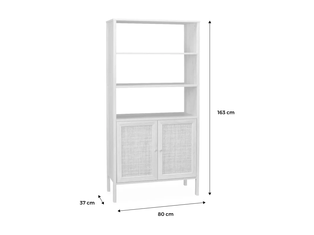 Bibliothèque effet bois et cannage - Bohème - 4 niveaux. 2 portes. 5 étagères
