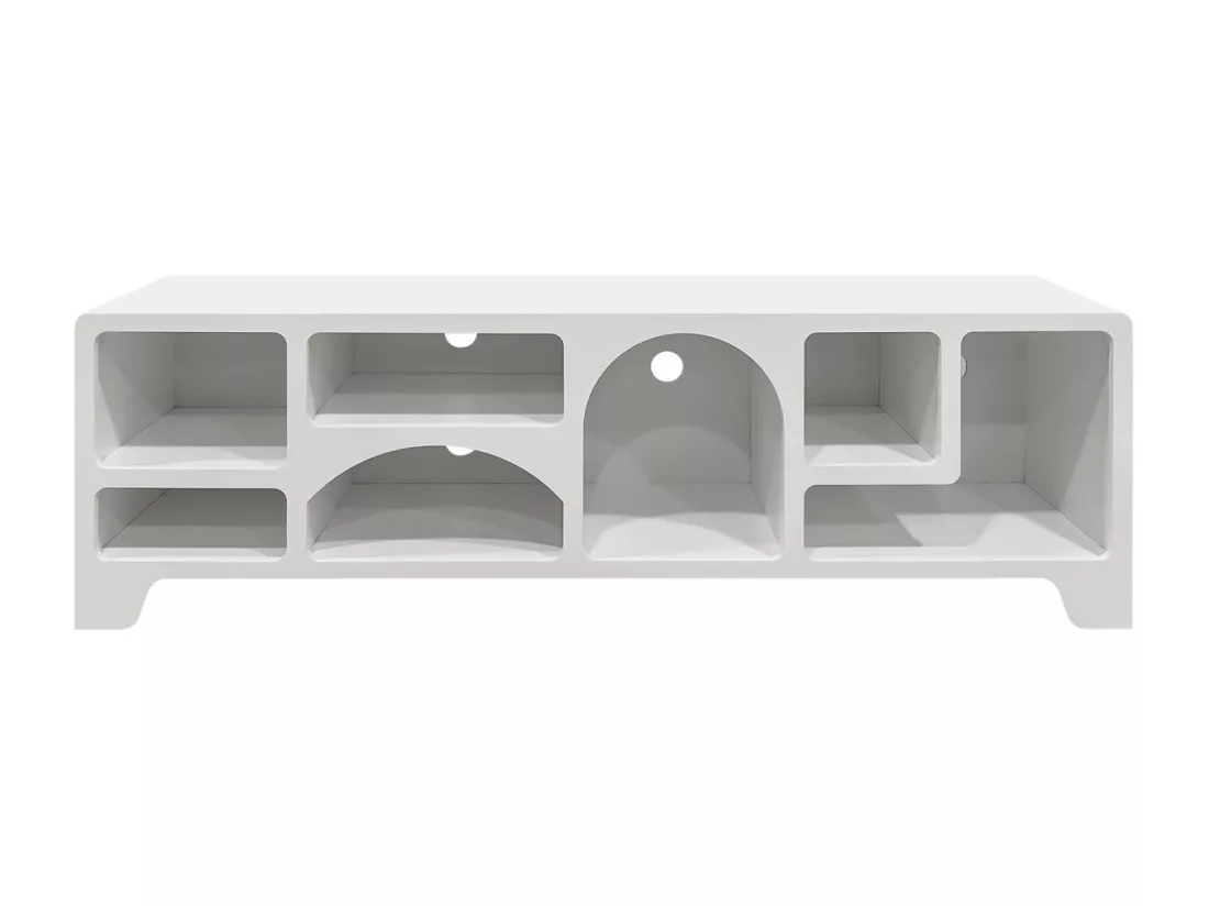 Meuble tv organique effet bois blanc 160cm avec plusieurs niches 7 compartiments de rangement L160cm