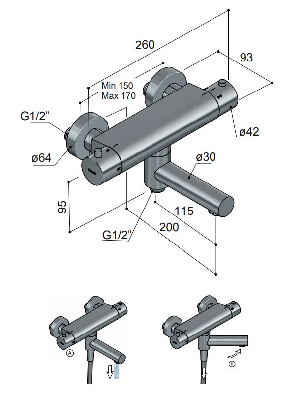 Hotbath Cobber Thermostatische Badkraan met uitloop Verouderd Ijzer B020