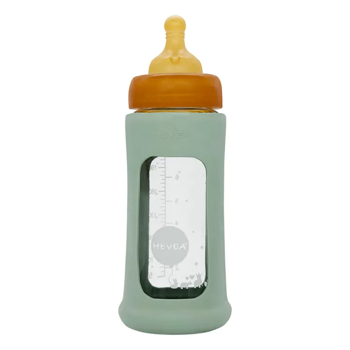 Hevea Biberon en verre à col large avec housse de protection Débit moyen | Vert amande