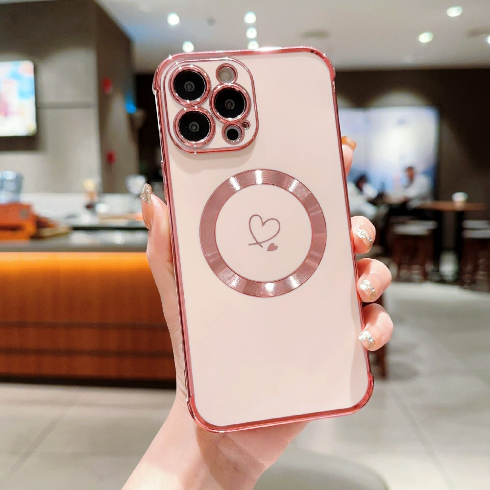 iPhone 16 Pro MagSafe Gummi Case Hülle Galvanisierter Rahmen   Kameraglasschutz - Rosa / Gold
