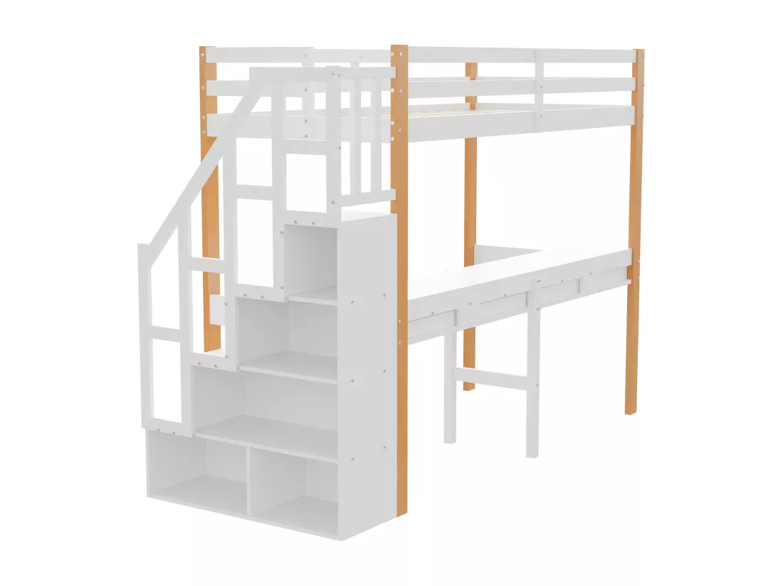 it superposé 90 x 200,lit mezzanine avec bureau,lit enfant avec escalier de rangement, garde-corps de sécurité,Blanc