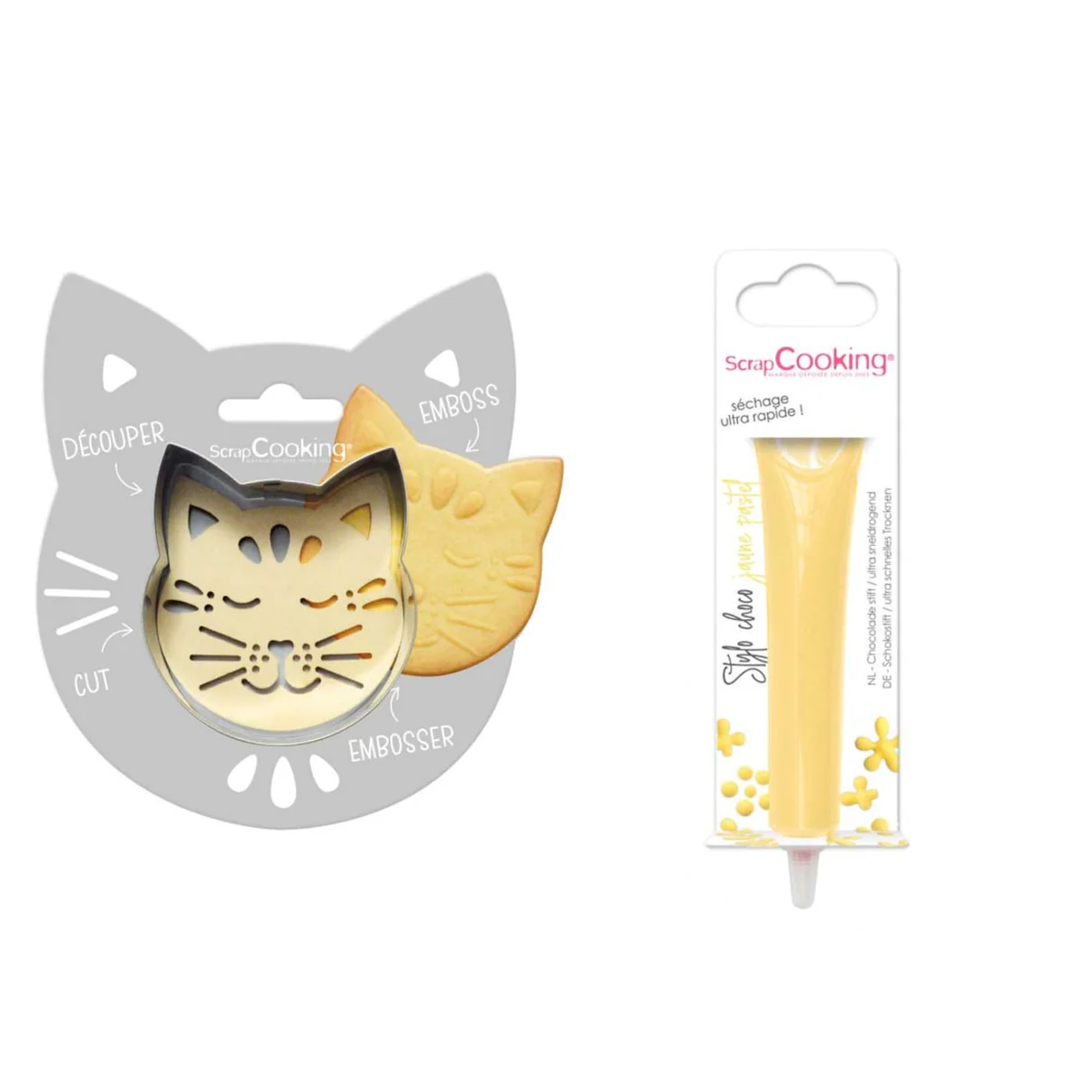 Kit pour biscuit en relief Chat + Stylo au chocolat jaune pastel Scrap