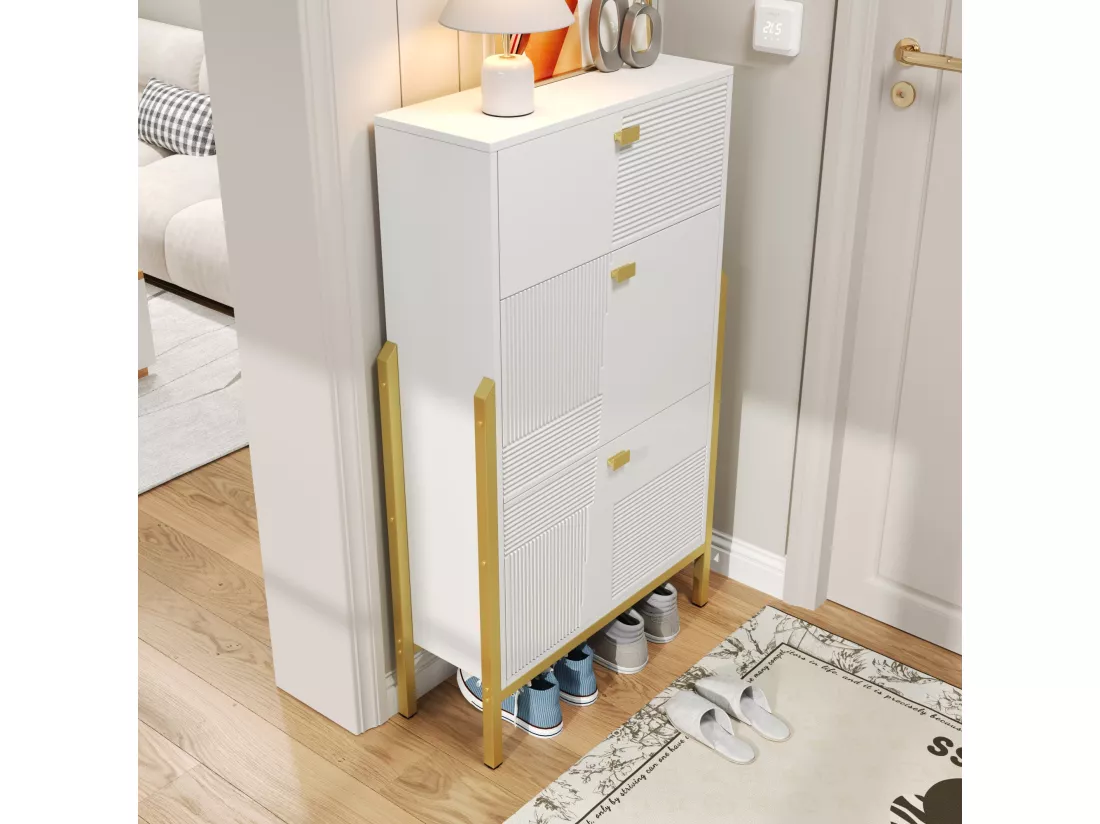 Meuble à chaussures avec 2 portes et 1 tiroir - 65 x 25 x 120.5 cm - Poignées et pieds dorés - Panneaux de particules - Blanc