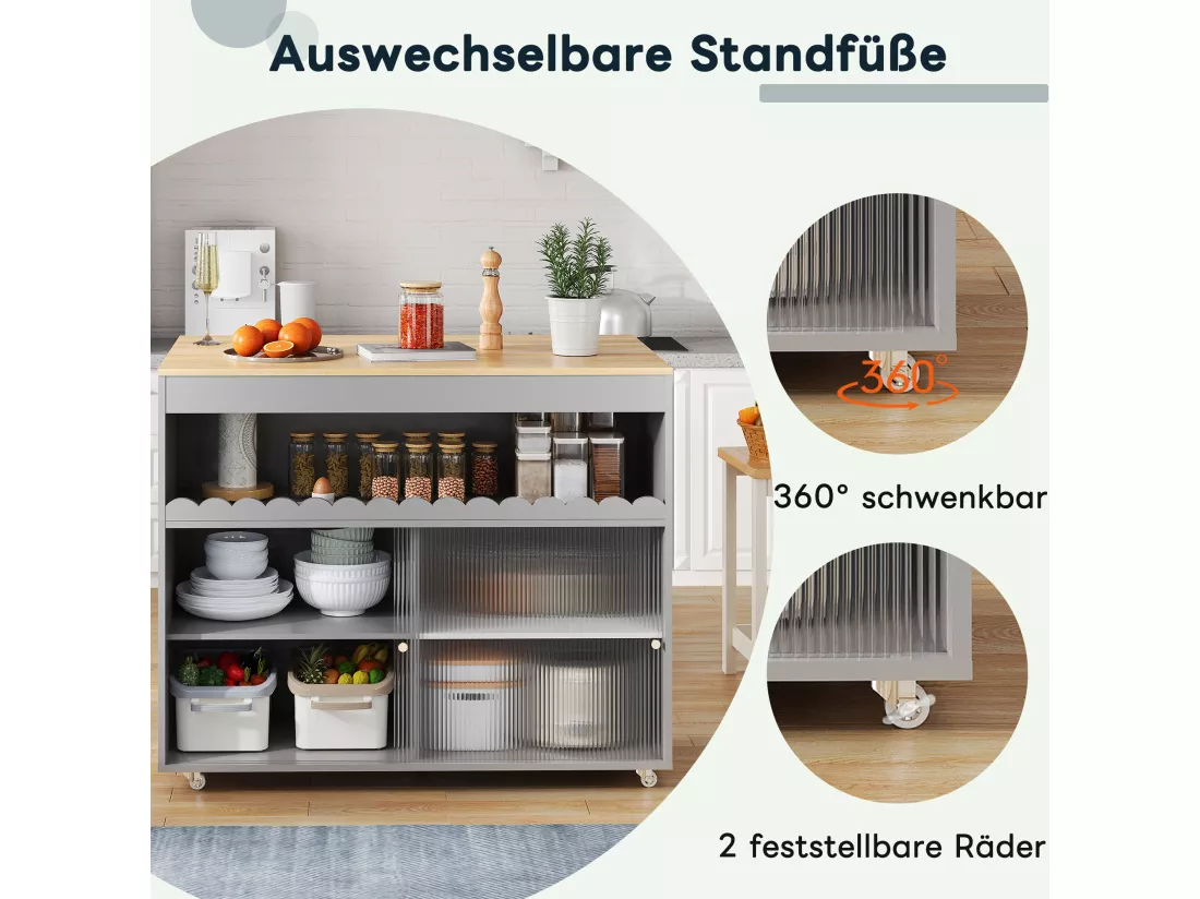 Ilot central de cuisine mobile avec 2 portes coulissantes - plateau extensible - 122x46/69x91 cm - Bois MDF - Gris + naturel