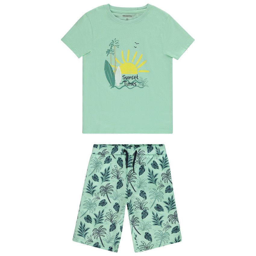 Set 2 pièces t-shirt manches courtes fantaisie + short imprimé tropique pour garçon - Vert