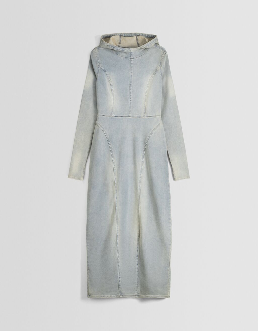 vestido longo de moletom com capuz em malha jeans