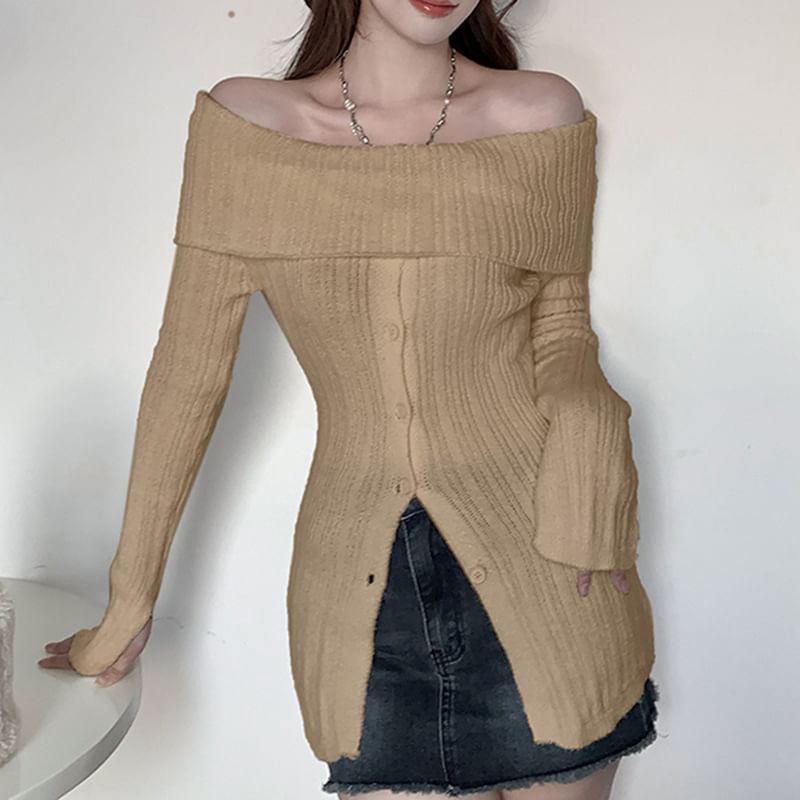Sosana - Geribbelde trui met lange mouwen en off-shouldermotief