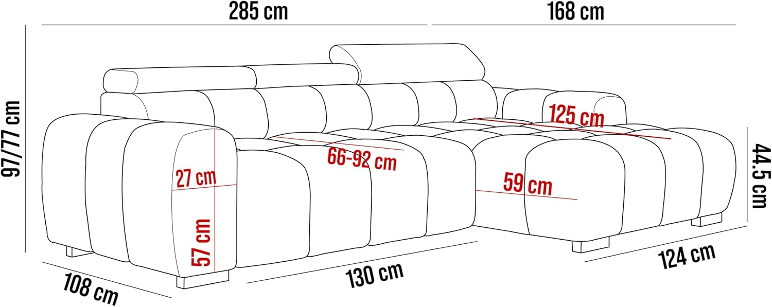 Ecksofa OMBO 285x168x77/97 cm, Rechte Seite Mit Schlaffunktion, Elektrisch Ausziehbarer Sitzfläche, Verstellbaren Kopfstützen, Dunklen Buchenholzfüßen, Hydrophobem SALVADOR-Bezugstoff - Grau