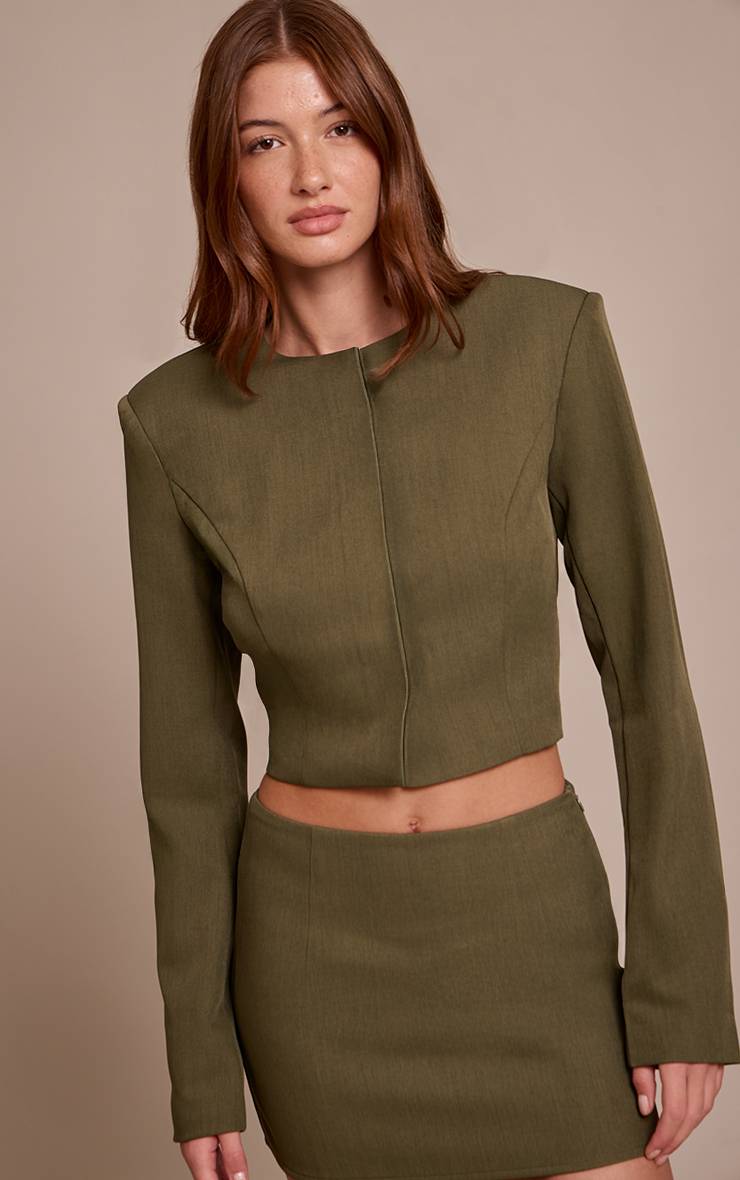 Dark Khaki Blazer Court Ajusté En Tissu Tissé Ensemble Coordonné