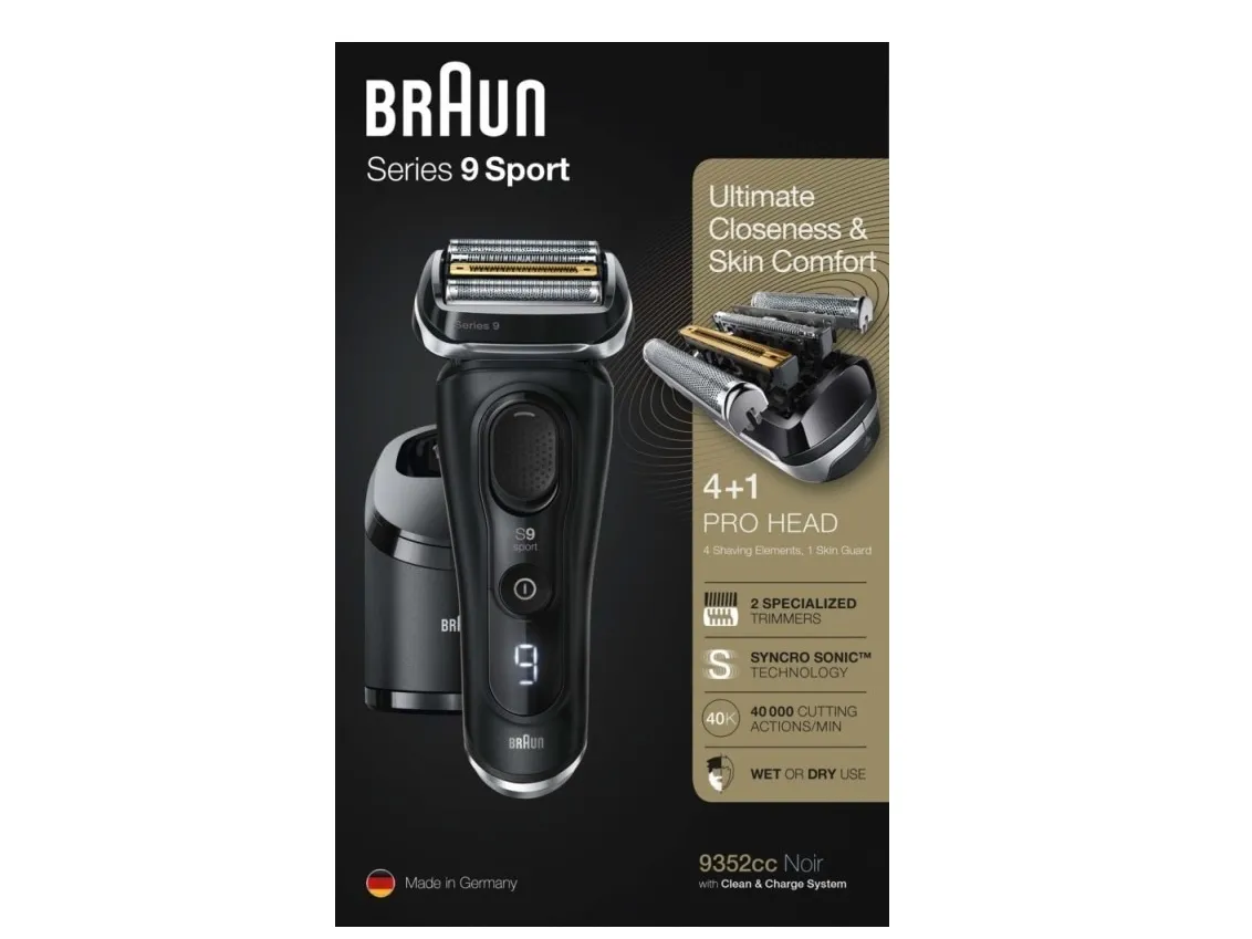 Braun Series 9 9352cc Sport, Folie shaver, Sort, Grå, Active Quattro Head, Knapper, Batteri, Lithium-Ion (Li-Ion)