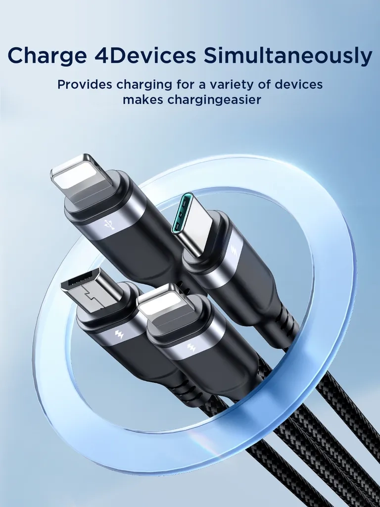 (1.2m) 4in1 USB A auf USB C / 2x Lightning / Micro USB Ladekabel Datenkabel (S-A18) - Schwarz