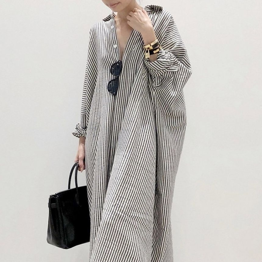 YARU - Gestreepte maxi-jurk met lange mouwen