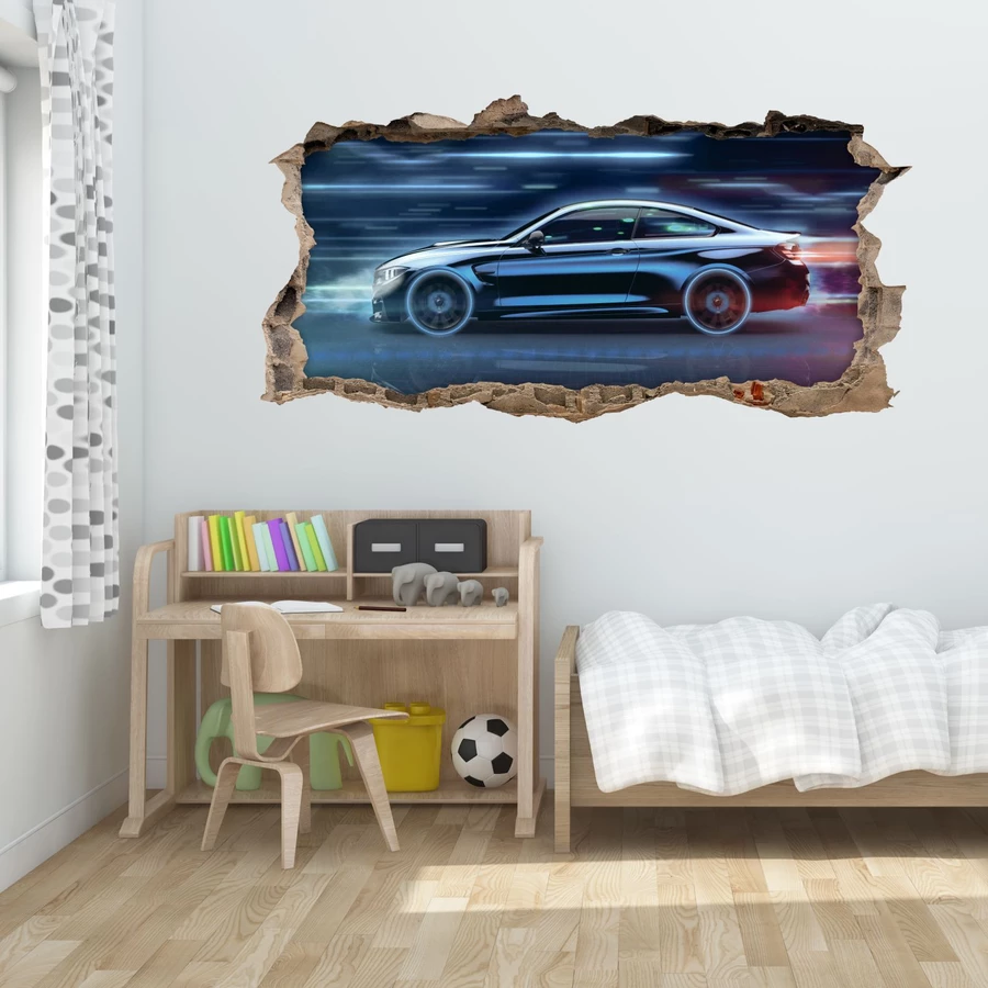 Nikima Wandtattoo 224 Wandtattoo Rennauto blau - Loch in der Wand bunt