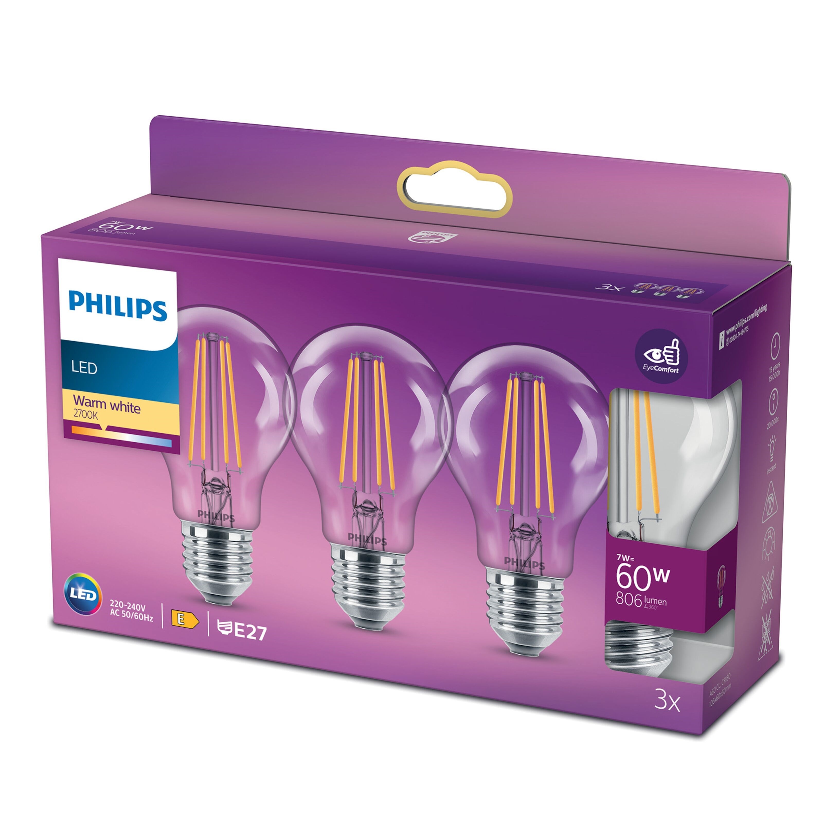 Philips LED-globepære E27 806 lm 3-pk.