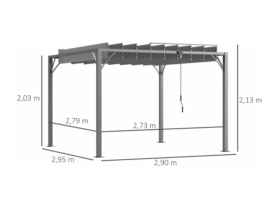 Pergola lames orientables dim. 2,9L x 2,95l x 2,13H m structure alu. acier époxy polyester gris