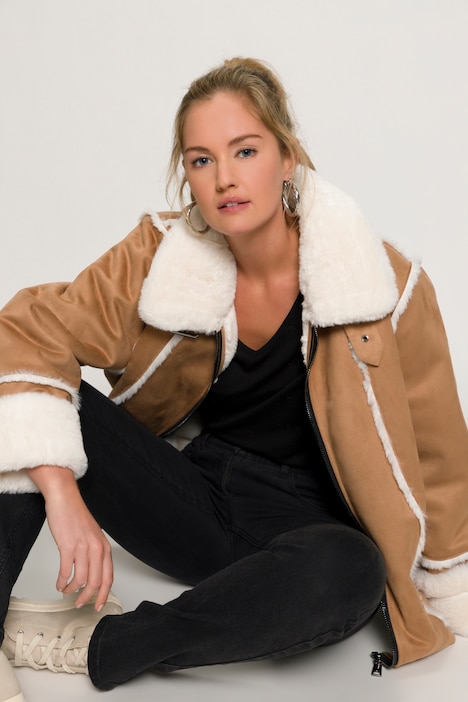 Pilotenjacke, Veloursleder-Optik, kuscheliges Webfell