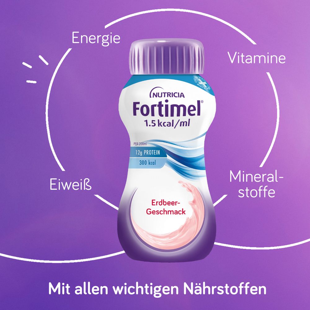 Fortimel® 1.5 kcal Erdbeere – Hochkalorische Trinknahrung mit allen wichtigen Nährstoffen, Vitaminen, Mineralien und Spurenelementen – 300 kcal und 12 g Eiweiß pro Flasche