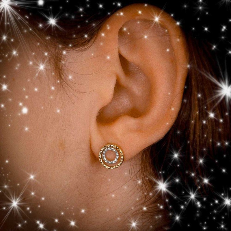 Boucles d'Oreilles Or Jaune et Blanc - Motif Cercles