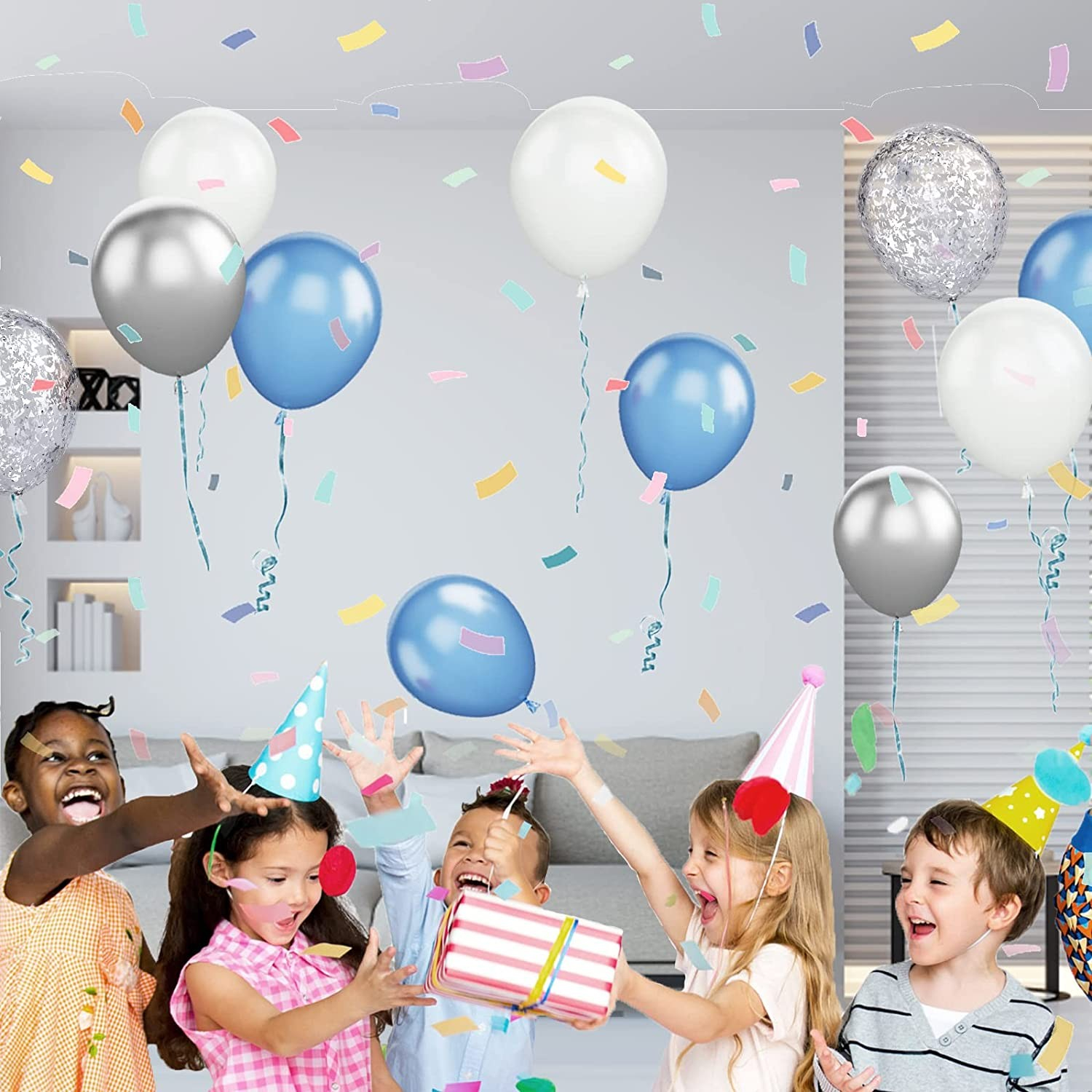 (30er Set) Party Deko Ballons Latex Luftballons mit Konfetti - Blau / Weiss / Silber
