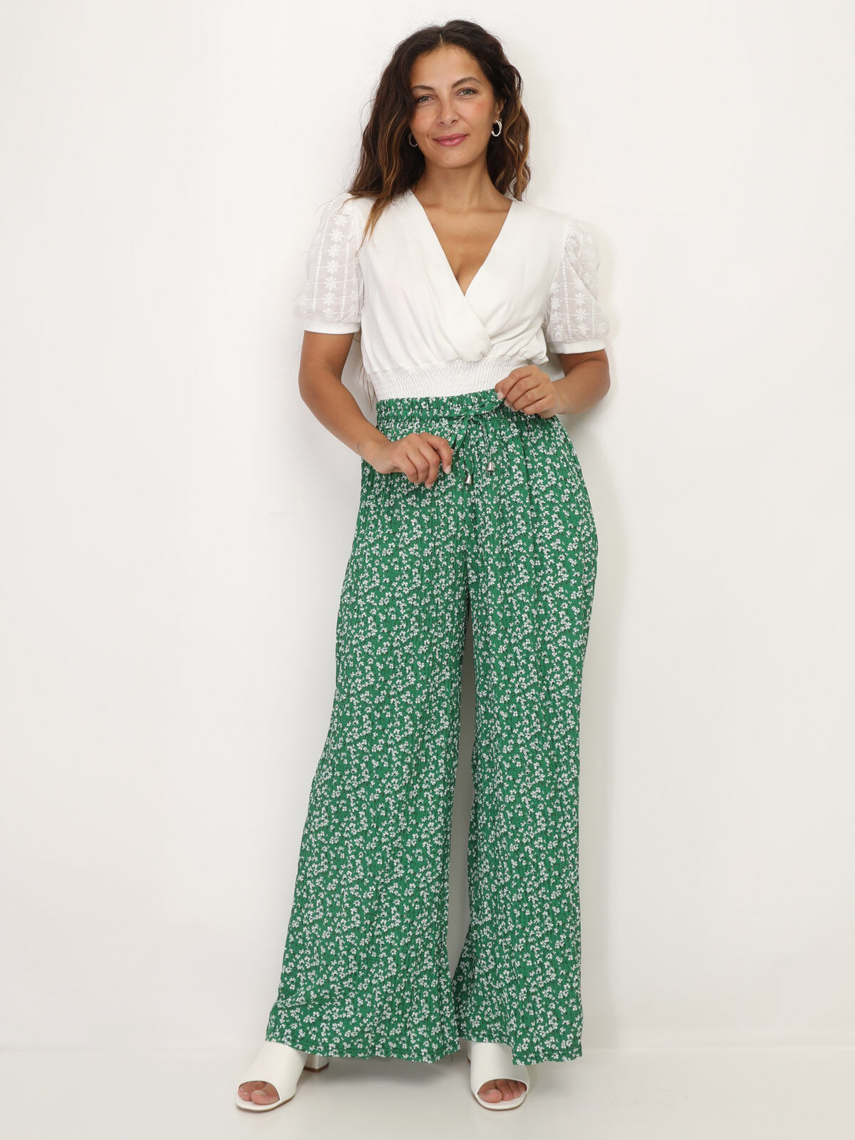 Pantalon plissé à motif floral- Vert