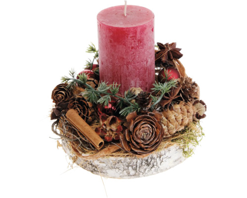 Adventsbloemstuk, tafelstuk, Ø 19 cm, H 17 cm, berkenhouten schijf, incl. 1 rustieke rode kaars