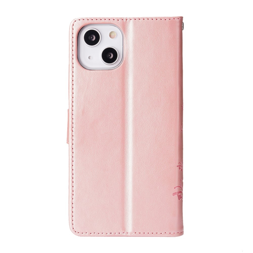 iPhone 13 Leder Tasche mit Kartenfach   Handschlaufe Butterfly Flowers - Rosa