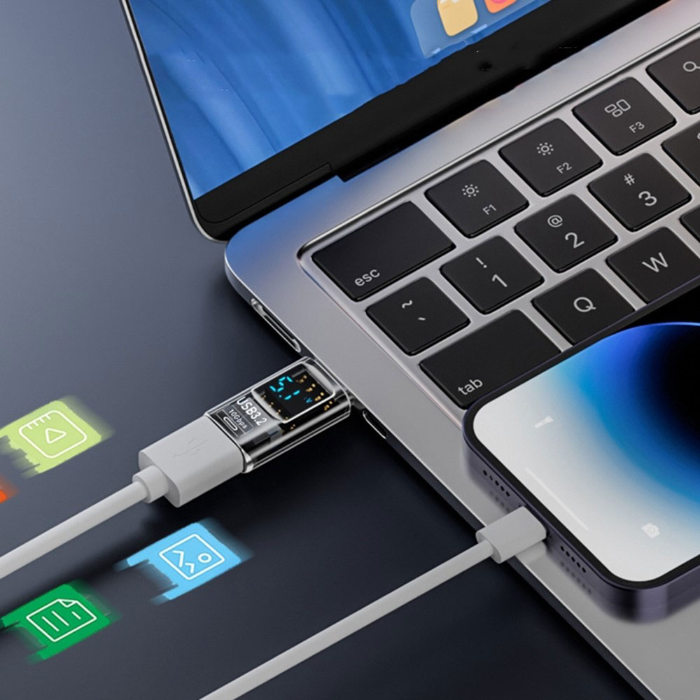 USB C auf USB A Lade und Daten Adapter mit Displayanzeige für Handy / MacBook / Laptop mit 10 Gbit/s (PD/60W) - Schwarz