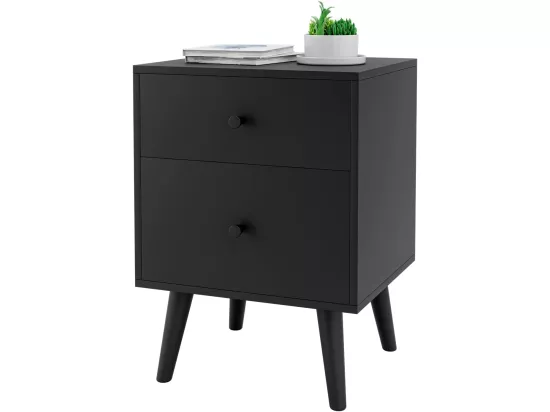 Table de Chevet, Table de Nuit à 2 Tiroirs en Bois d’Hévéa Massif de Style Moderne 45 x 39,5 x 62 CM, Noir