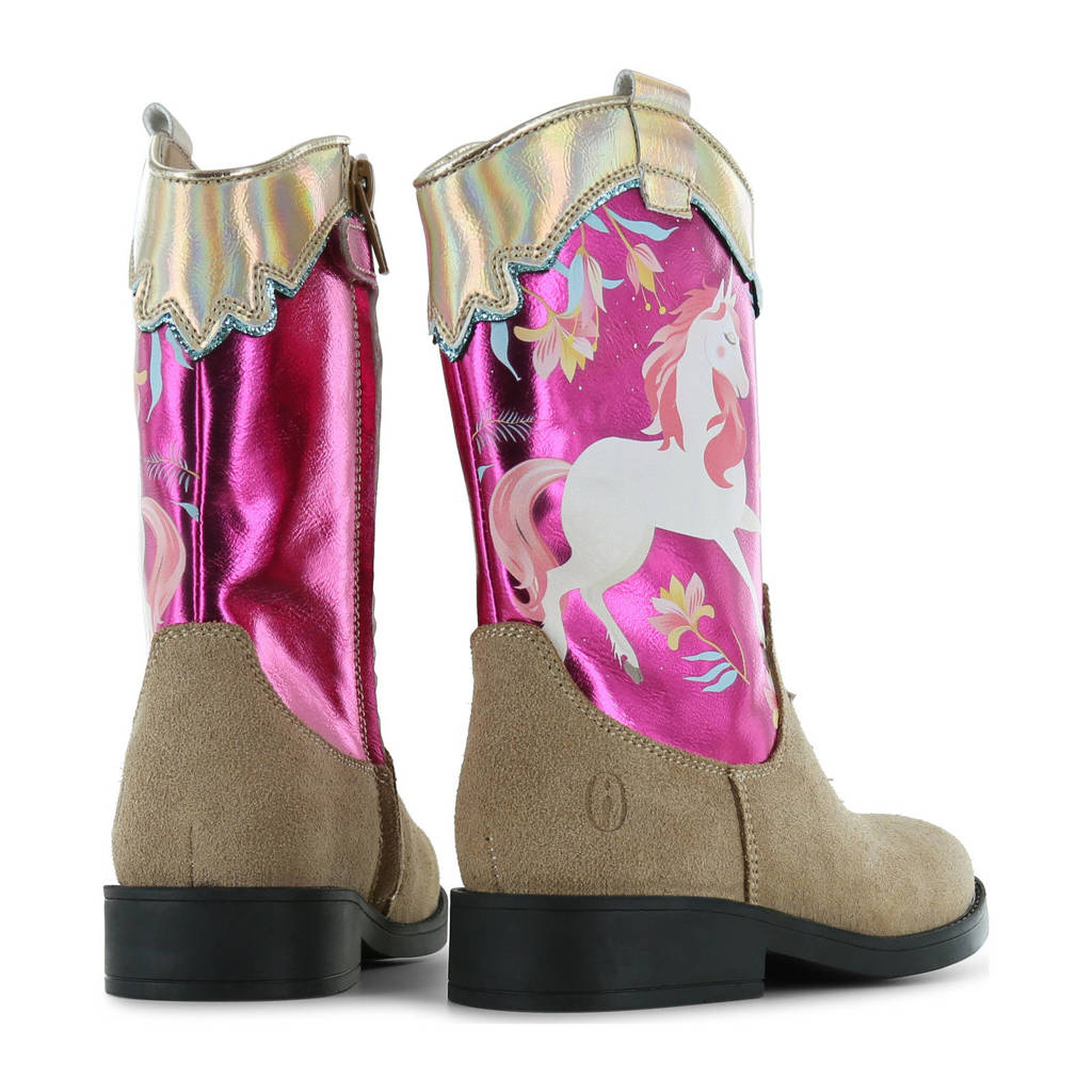 Shoesme suède cowboylaarzen beige/fuchsia