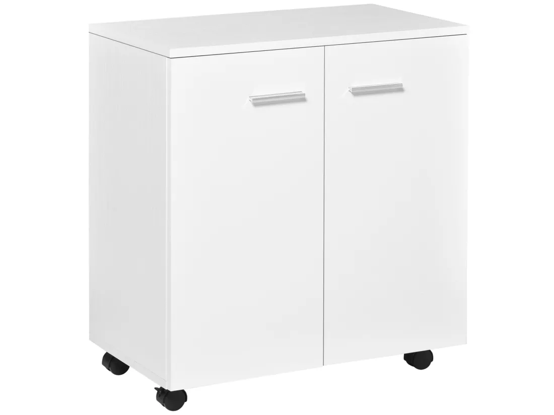 Support d'imprimante organiseur bureau caisson 2 portes avec étagère grand plateau panneaux particules blanc