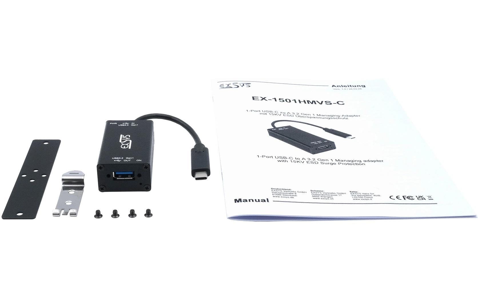 USB-Hub USB 3.2 Gen 1 Managing Adapter1-Port USB-C zu A 3.2 Gen 1 Managing-Adapter mit 15KV ESD Überspannungsschutz (DIN-Rail)