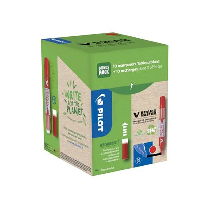 Pilot V BOARD MASTER - Pack de 10 Marqueurs effaçables + 10 Recharges - pointe ogive - rouge