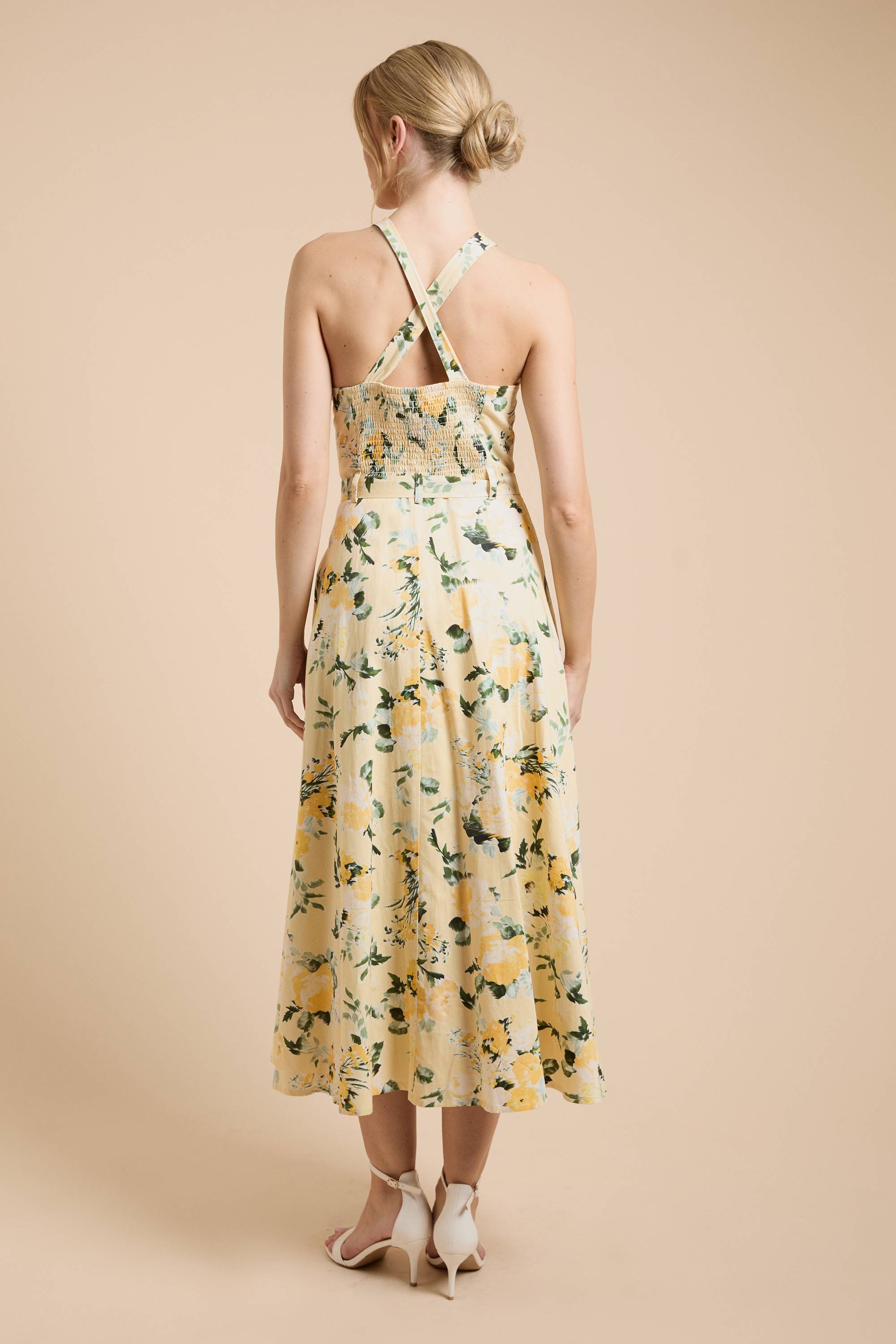 Oasis Robe Midi En Popeline De Coton À Imprimé Floral Citron Avec Col Licou
