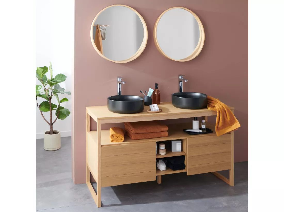 Meuble de Salle De Bain Chêne 140 cm ATOLL + 2 Miroirs + 2 Vasques rondes noires