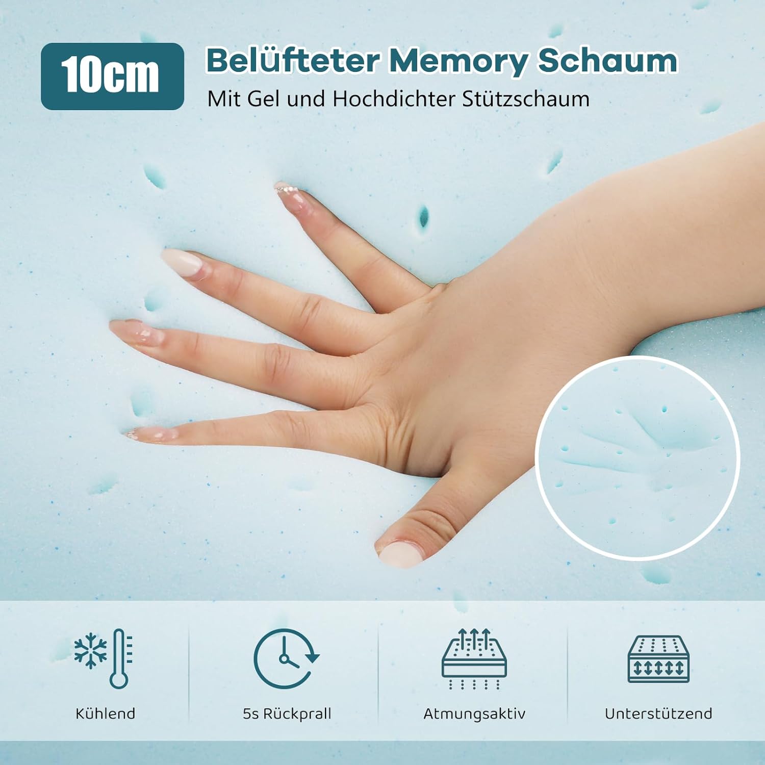 Vesgantti Matratzentopper 140 x 200 cm Gel Topper mit Abnehmbarem und Waschbarem Bezug, H3 Gelschaum Topper, für Boxspringbett und Betten Schlafsofa 10 cm Höhe Weiß
