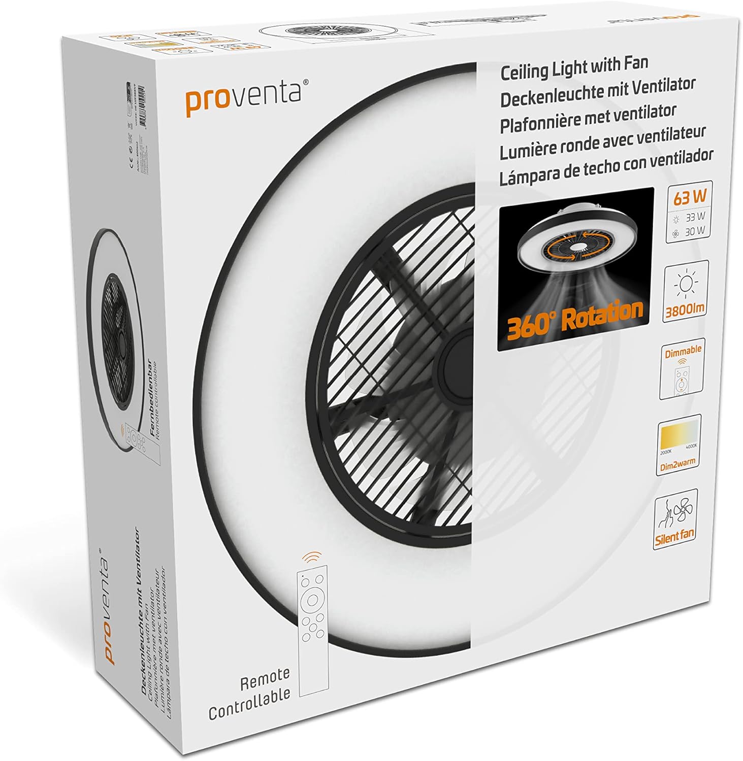 Proventa Deckenventilator mit beleuchtung, fernbedienung leise 60W-60cm, rotierende Luftverteilung, dimmbare LED Deckenleuchte mit Ventilator, neutralweißes Licht, Sommer & Wintermodus, fernbedienung