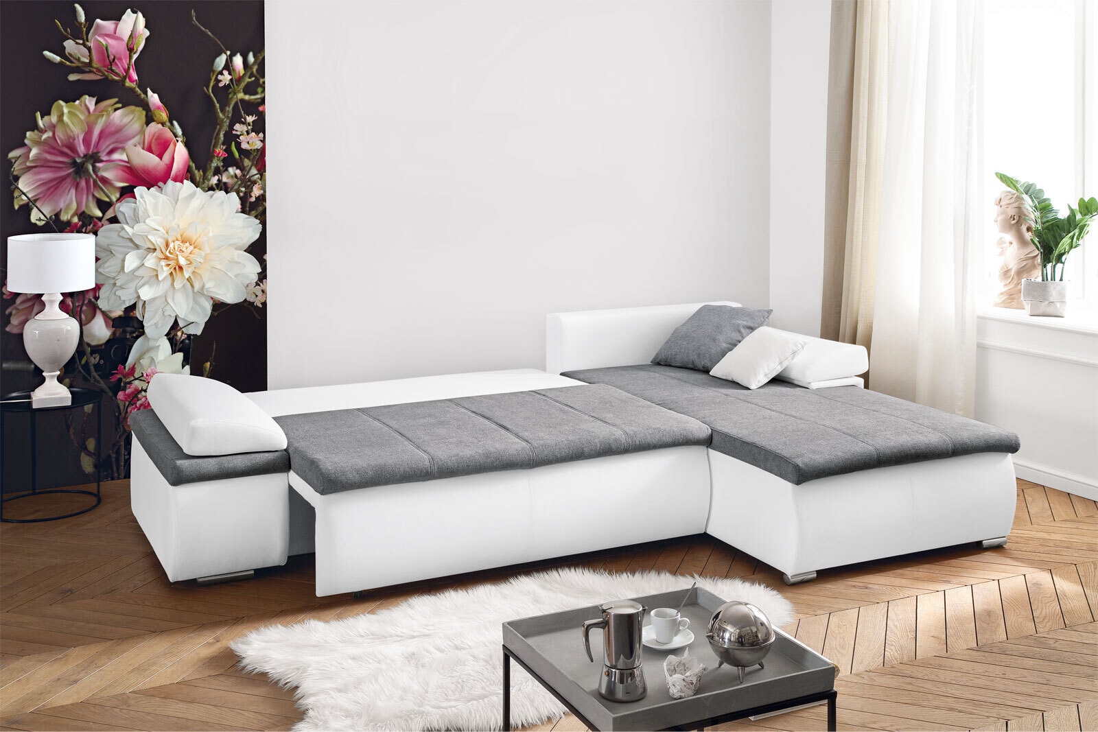 Ecksofa Belinda Stoffbezug Grau/Weiß ca. 180 x 268 cm