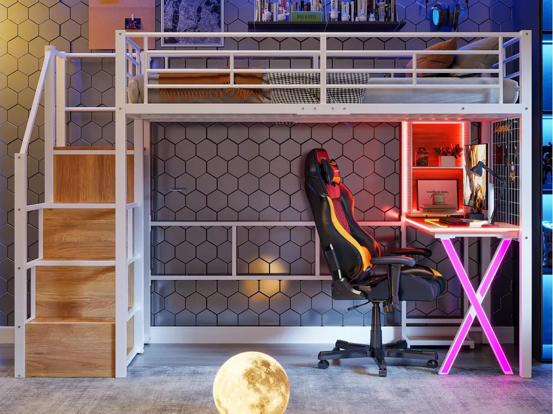 Lit mezzanine 90x200cm avec LED - bureau + penderie + échelle de rangement - Blanc