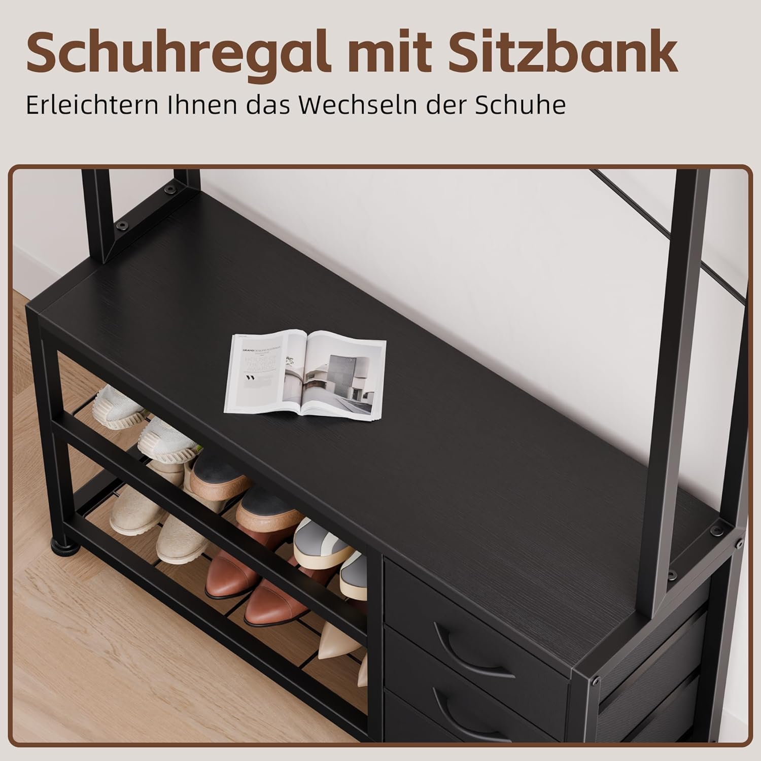 Garderobenständer mit Schuhablage, Garderobe mit Sitzbank, 12 Haken, 3 Schubladen und 1 Ablagefläche, Metallrahmen, 30 x 80 x 180 cm, für Flur Eingänge Schwarz