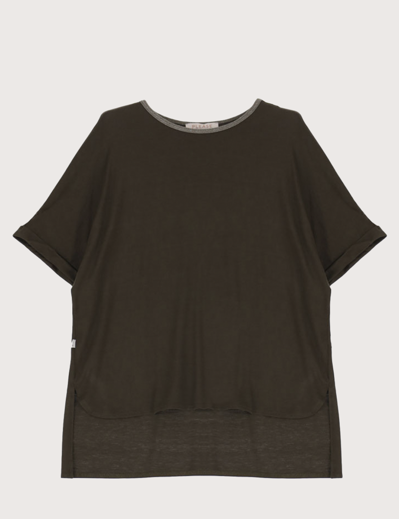 PLEASE TOP FEMME MANCHES COURTES ASYMÉTRIQUE KAKI