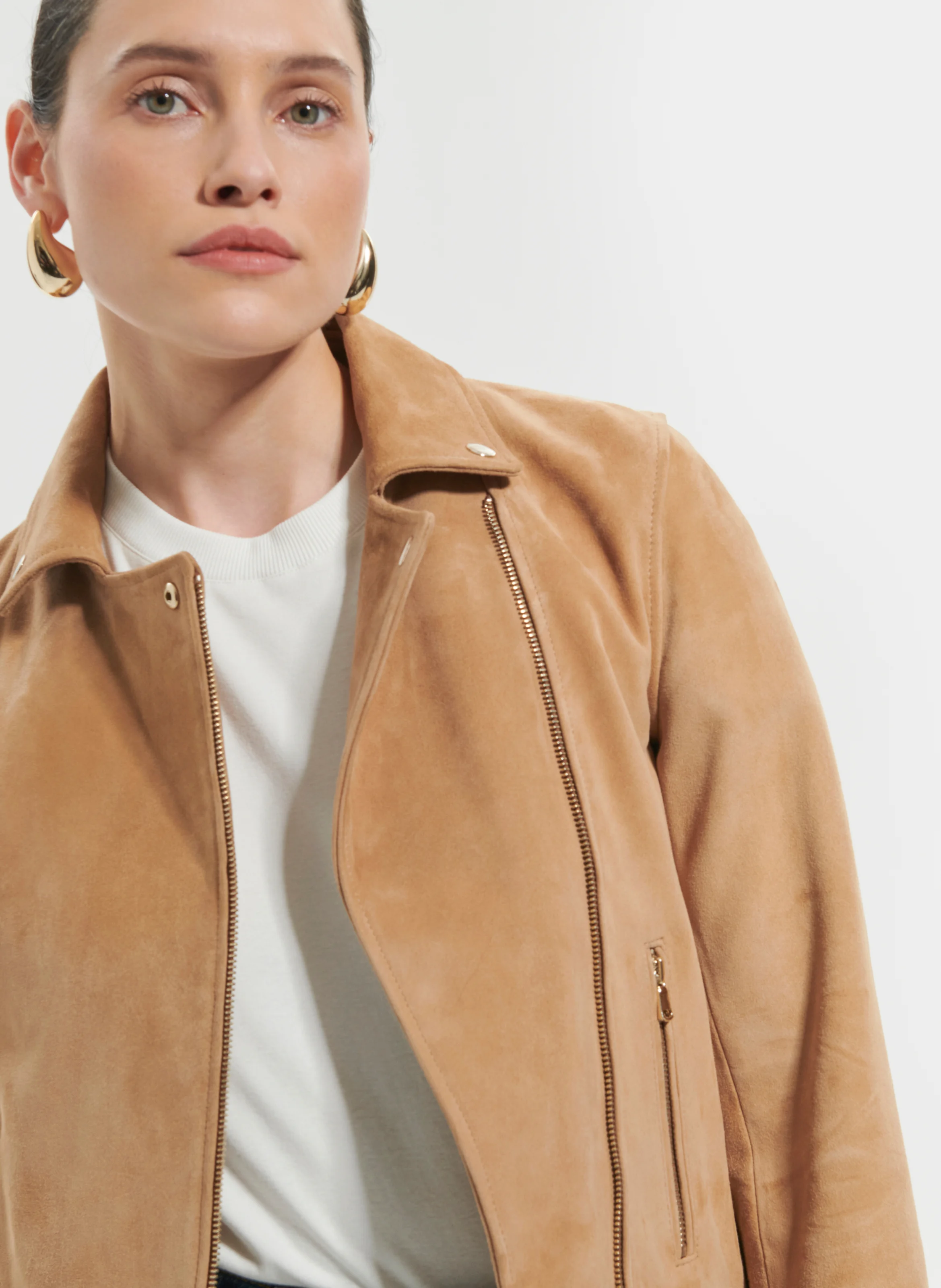 HANCORE - Perfecto droit zippé en cuir velours | Beige